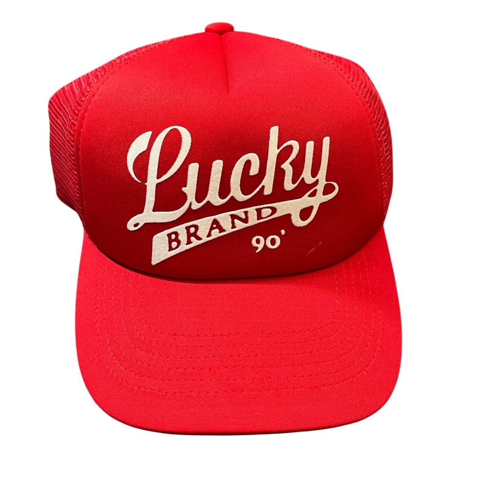 NEW Lucky Brand Trucker Hat Unisex One Size Red Mesh Back Snapback Graphic Logo